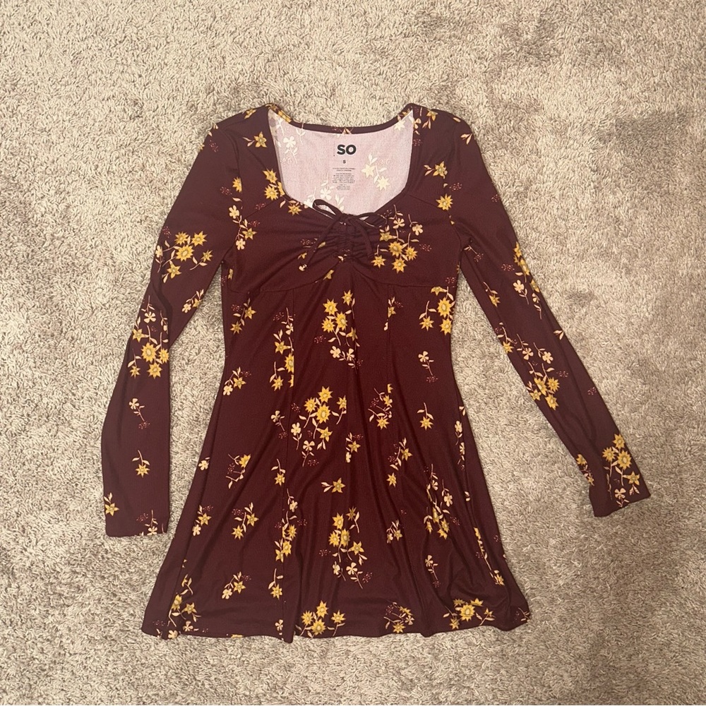 Maroon/Burgundy & Gold Floral Skater Flare Dress with Tie